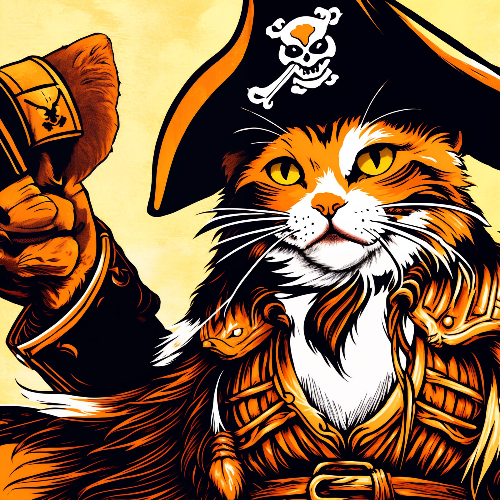 [scoundrel of a pirate, (hairy body:1.2):pirate cat, cat dressed as a pirate, Catfolk pirate, khajiit pirate, cat fur, fur...